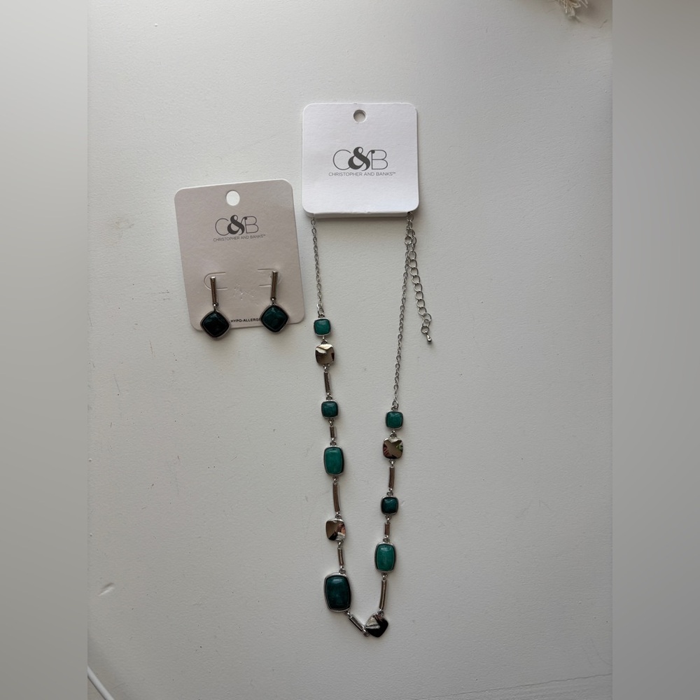Christopher & Banks Teal and Silver Necklace & Earring Set